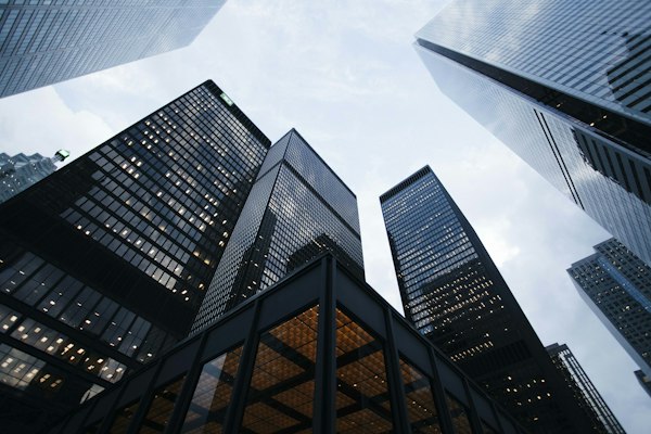 Office towers seen from street level